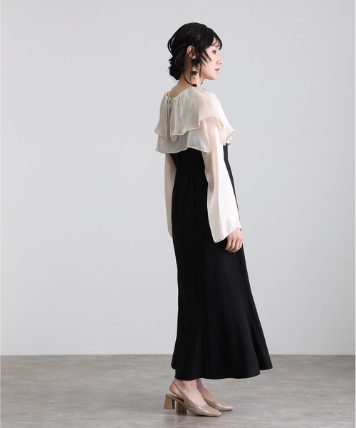 atlo(アトロ)の「ミモレ丈&袖あり フォーマル スリット スリーブビックカラー フレア 光沢感セレモニー 結婚式 二次会 パーティー ドレス オケージョンドレス 同窓会 成人式 お呼ばれ 謝恩会 20代 30代(ドレス・レディース・ネイビー/ブラウン系その他/オフホワイト・M)」の9枚目の写真