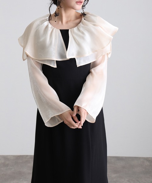 atlo(アトロ)の「ミモレ丈&袖あり フォーマル スリット スリーブビックカラー フレア 光沢感セレモニー 結婚式 二次会 パーティー ドレス オケージョンドレス 同窓会 成人式 お呼ばれ 謝恩会 20代 30代(ドレス・レディース・ネイビー/ブラウン系その他/オフホワイト・M)」の11枚目の写真