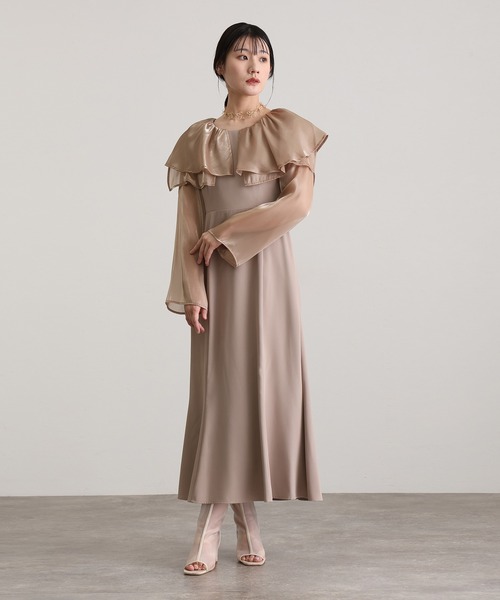 atlo(アトロ)の「ミモレ丈&袖あり フォーマル スリット スリーブビックカラー フレア 光沢感セレモニー 結婚式 二次会 パーティー ドレス オケージョンドレス 同窓会 成人式 お呼ばれ 謝恩会 20代 30代(ドレス・レディース・ネイビー/ブラウン系その他/オフホワイト・M)」の15枚目の写真
