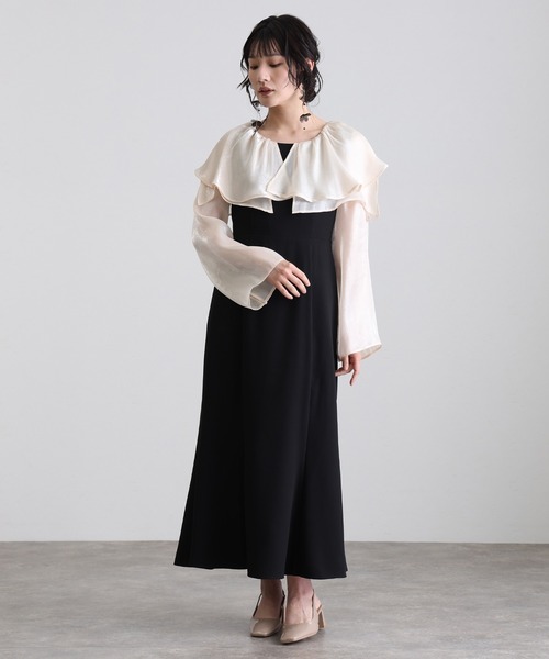 atlo(アトロ)の「ミモレ丈&袖あり フォーマル スリット スリーブビックカラー フレア 光沢感セレモニー 結婚式 二次会 パーティー ドレス オケージョンドレス 同窓会 成人式 お呼ばれ 謝恩会 20代 30代(ドレス・レディース・ネイビー/ブラウン系その他/オフホワイト・M)」の22枚目の写真