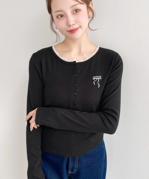 セール】ヘンリーネックワンポイント刺繍長袖リブカットソートップス