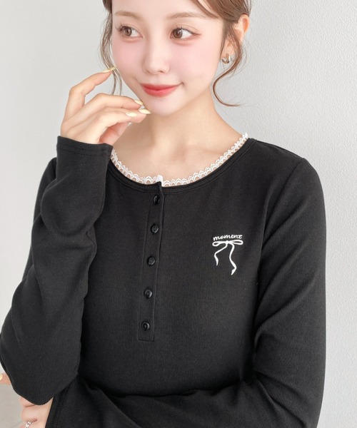セール】ヘンリーネックワンポイント刺繍長袖リブカットソートップス