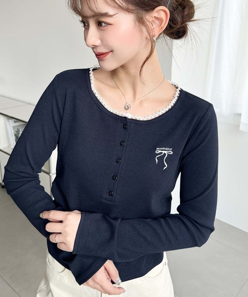 moment+(モーメントプラス)の「ヘンリーネックワンポイント刺繍長袖リブカットソートップス(Tシャツ/カットソー・レディース・ネイビー/チャコールグレー/ブラック/アイボリー/杢グレー・M/L)」の13枚目の写真