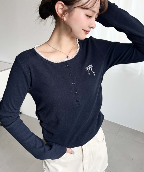 セルリ 長袖カットソー レディース美品  - 送料無料 透ける Tシャツ ヘンリネック セクシー レディース 長袖