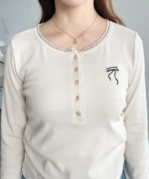 moment+(モーメントプラス)の「ヘンリーネックワンポイント刺繍長袖リブカットソートップス(Tシャツ/カットソー・レディース・ネイビー/チャコールグレー/ブラック/アイボリー/杢グレー・M/L)」の22枚目の写真