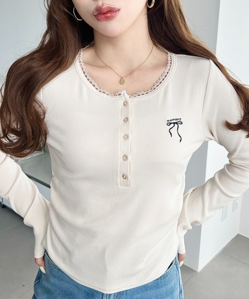 moment+(モーメントプラス)の「ヘンリーネックワンポイント刺繍長袖リブカットソートップス(Tシャツ/カットソー・レディース・ネイビー/チャコールグレー/ブラック/アイボリー/杢グレー・M/L)」の19枚目の写真