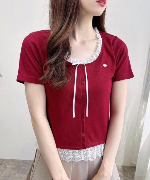 INGNI（イング）の「リボン付レースレイヤード風リブトップス（Tシャツ/カットソー・レディース・グレー×ホワイト/ピンク系2/ワイン系2/ブラック×ホワイト・M）」の4枚目の写真