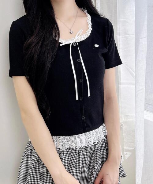 INGNI（イング）の「リボン付レースレイヤード風リブトップス（Tシャツ/カットソー・レディース・グレー×ホワイト/ピンク系2/ワイン系2/ブラック×ホワイト・M）」の12枚目の写真