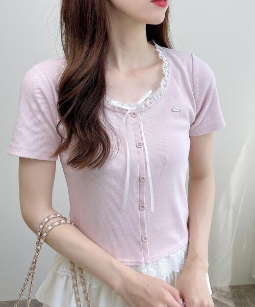 INGNI（イング）の「リボン付レースレイヤード風リブトップス（Tシャツ/カットソー・レディース・グレー×ホワイト/ピンク系2/ワイン系2/ブラック×ホワイト・M）」の18枚目の写真