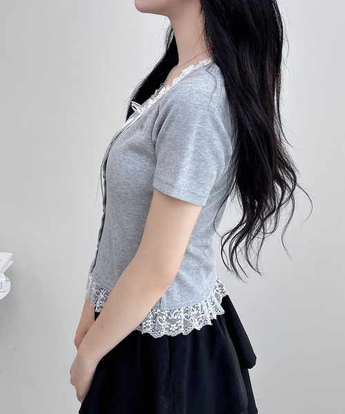 INGNI（イング）の「リボン付レースレイヤード風リブトップス（Tシャツ/カットソー・レディース・グレー×ホワイト/ピンク系2/ワイン系2/ブラック×ホワイト・M）」の8枚目の写真