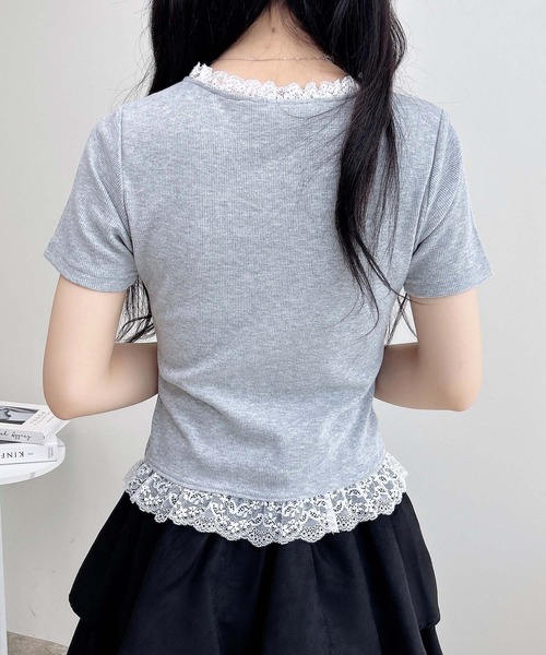 INGNI（イング）の「リボン付レースレイヤード風リブトップス（Tシャツ/カットソー・レディース・グレー×ホワイト/ピンク系2/ワイン系2/ブラック×ホワイト・M）」の9枚目の写真
