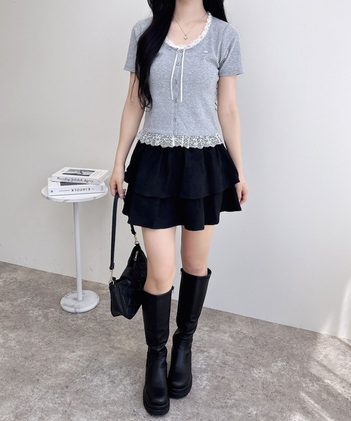 INGNI（イング）の「リボン付レースレイヤード風リブトップス（Tシャツ/カットソー・レディース・グレー×ホワイト/ピンク系2/ワイン系2/ブラック×ホワイト・M）」の11枚目の写真