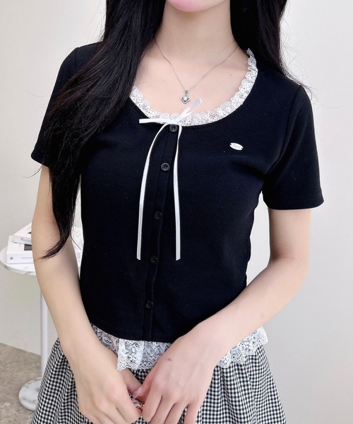 INGNI（イング）の「リボン付レースレイヤード風リブトップス（Tシャツ/カットソー・レディース・グレー×ホワイト/ピンク系2/ワイン系2/ブラック×ホワイト・M）」の13枚目の写真