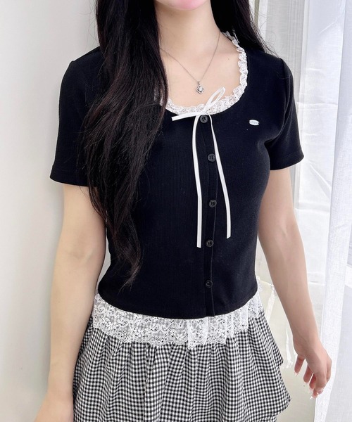 INGNI（イング）の「リボン付レースレイヤード風リブトップス（Tシャツ/カットソー・レディース・グレー×ホワイト/ピンク系2/ワイン系2/ブラック×ホワイト・M）」の14枚目の写真