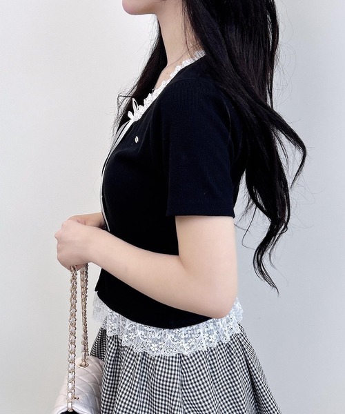 INGNI（イング）の「リボン付レースレイヤード風リブトップス（Tシャツ/カットソー・レディース・グレー×ホワイト/ピンク系2/ワイン系2/ブラック×ホワイト・M）」の15枚目の写真