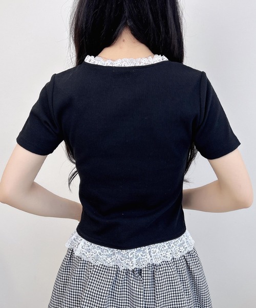 INGNI（イング）の「リボン付レースレイヤード風リブトップス（Tシャツ/カットソー・レディース・グレー×ホワイト/ピンク系2/ワイン系2/ブラック×ホワイト・M）」の16枚目の写真