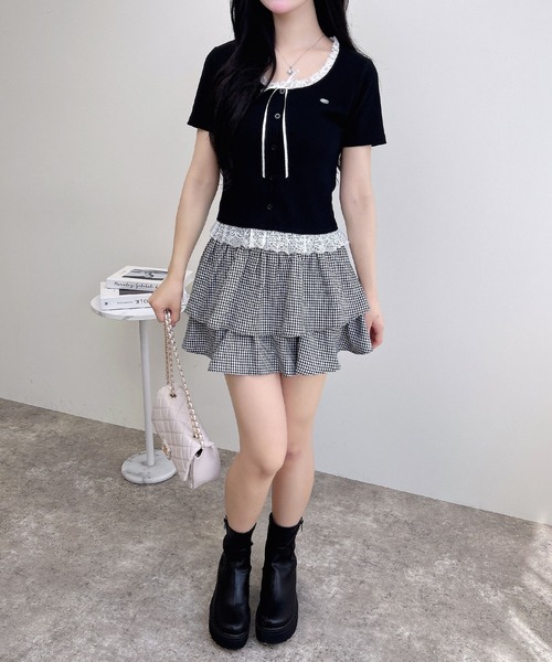 INGNI（イング）の「リボン付レースレイヤード風リブトップス（Tシャツ/カットソー・レディース・グレー×ホワイト/ピンク系2/ワイン系2/ブラック×ホワイト・M）」の17枚目の写真