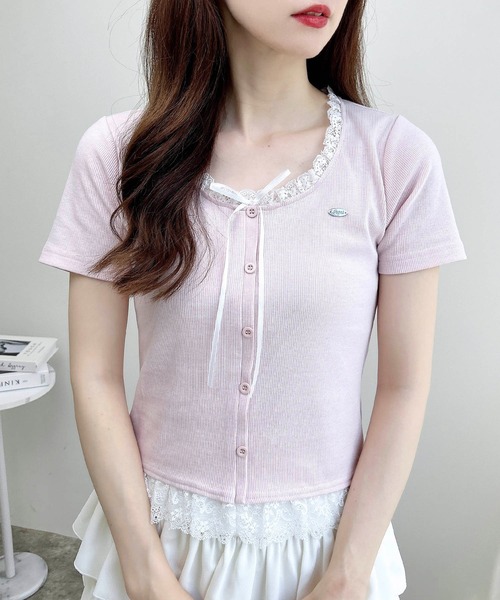 INGNI（イング）の「リボン付レースレイヤード風リブトップス（Tシャツ/カットソー・レディース・グレー×ホワイト/ピンク系2/ワイン系2/ブラック×ホワイト・M）」の20枚目の写真