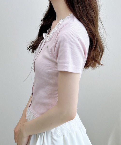 INGNI（イング）の「リボン付レースレイヤード風リブトップス（Tシャツ/カットソー・レディース・グレー×ホワイト/ピンク系2/ワイン系2/ブラック×ホワイト・M）」の21枚目の写真