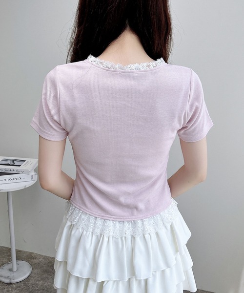 INGNI（イング）の「リボン付レースレイヤード風リブトップス（Tシャツ/カットソー・レディース・グレー×ホワイト/ピンク系2/ワイン系2/ブラック×ホワイト・M）」の22枚目の写真
