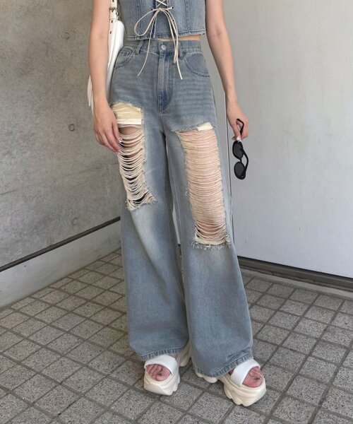 mline（エムライン）の「[mline]ダメージオーバーデニム（デニムパンツ・レディース・ブルー・2/1）」の3枚目の写真