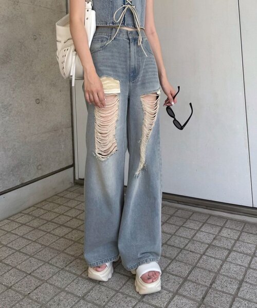 mline（エムライン）の「[mline]ダメージオーバーデニム（デニムパンツ・レディース・ブルー・2/1）」の5枚目の写真