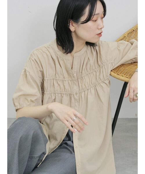 Samansa Mos2 blue(サマンサモスモスブルー)の「シャーリングチュニック(シャツ/ブラウス・レディース・レッド系その他/ブラック/ライトベージュ・F)」の1枚目の写真