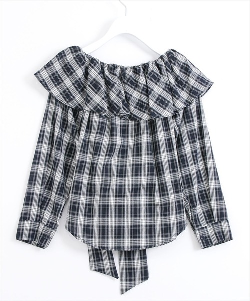 STAY MOTION（ステイモーション）の「【WEB限定】ウエストリボンチェック柄オフショルダートップス［大人 カジュアル 着回し力抜群］（シャツ/ブラウス・レディース・ブラウン/ネイビー・F）」の3枚目の写真