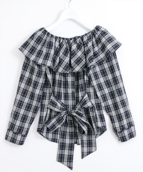 STAY MOTION（ステイモーション）の「【WEB限定】ウエストリボンチェック柄オフショルダートップス［大人 カジュアル 着回し力抜群］（シャツ/ブラウス・レディース・ブラウン/ネイビー・F）」の6枚目の写真