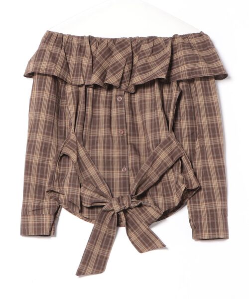 STAY MOTION（ステイモーション）の「【WEB限定】ウエストリボンチェック柄オフショルダートップス［大人 カジュアル 着回し力抜群］（シャツ/ブラウス・レディース・ブラウン/ネイビー・F）」の7枚目の写真
