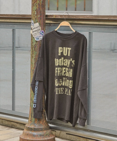 Fishs Eddy（フィッシュエディ）の「【Fishs Eddy(フィッシュエディ)】レイヤードTシャツ【UNISEX】（Tシャツ/カットソー・レディース・オフホワイト/チャコール/ライトグリーン・MEDIUM/LARGE）」の2枚目の写真