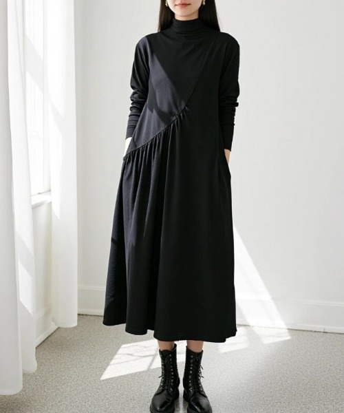 cammie(キャミー)の「タートルネックデザインワンピース(ワンピース・レディース・ブラック/グリーン/ネイビー・M/L)」の1枚目の写真