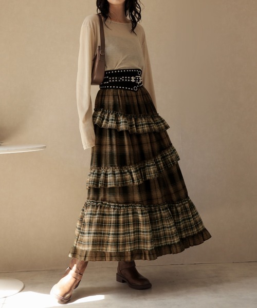 Ulysses（ユリシス）の「チェック柄ティアードロングスカート（スカート・レディース・ダークグレー/ブラウン・F）」の9枚目の写真