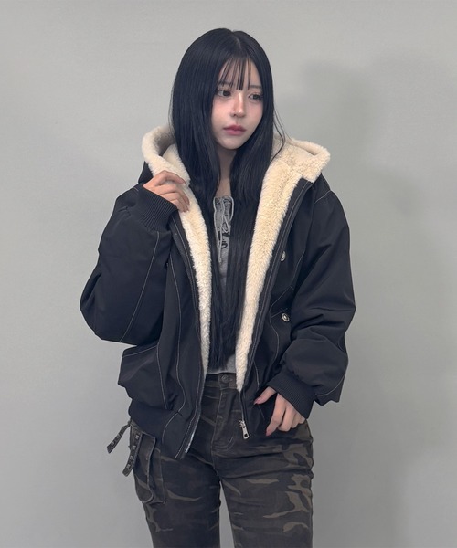 RIO jacket ファーフード2way ジャケット leather/fur faux reversible flight jacket / フェイクレザーファー