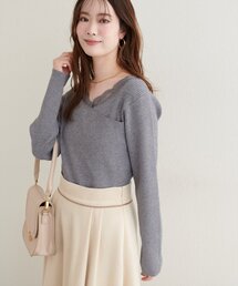 natural couture(ナチュラルクチュール)のアシメレースネックリブニットプルオーバー(ニット/セーター)