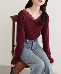 アシメレースネックリブニットプルオーバー