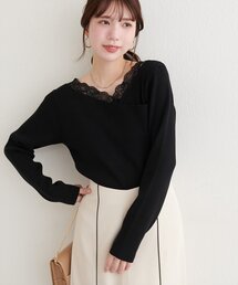 natural couture | アシメレースネックリブニットプルオーバー(ニット/セーター)