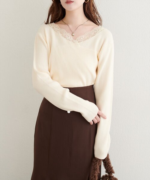 セール】アシメレースネックリブニットプルオーバー（ニット/セーター