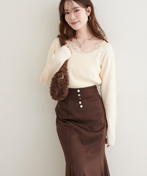 natural couture（ナチュラルクチュール）の「アシメレースネックリブニットプルオーバー（ニット/セーター・レディース・ボルドー/グレー/オフホワイト/ブラック/ネイビー/グレイッシュベージュ・FREE）」の9枚目の写真