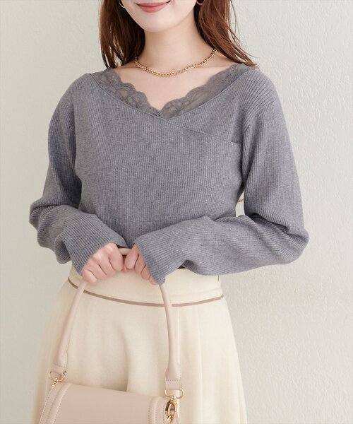 natural couture（ナチュラルクチュール）の「アシメレースネックリブニットプルオーバー（ニット/セーター・レディース・ボルドー/グレー/オフホワイト/ブラック/ネイビー/グレイッシュベージュ・FREE）」の12枚目の写真