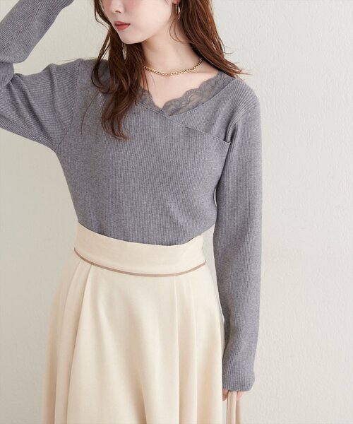 natural couture（ナチュラルクチュール）の「アシメレースネックリブニットプルオーバー（ニット/セーター・レディース・ボルドー/グレー/オフホワイト/ブラック/ネイビー/グレイッシュベージュ・FREE）」の13枚目の写真