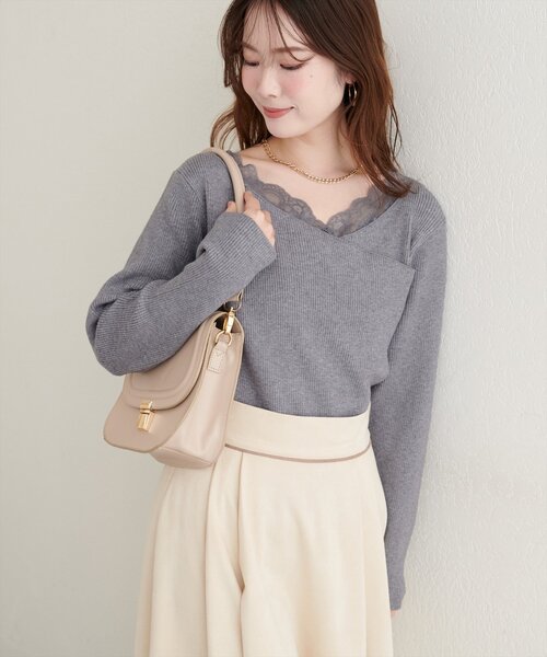 natural couture（ナチュラルクチュール）の「アシメレースネックリブニットプルオーバー（ニット/セーター・レディース・ボルドー/グレー/オフホワイト/ブラック/ネイビー/グレイッシュベージュ・FREE）」の14枚目の写真