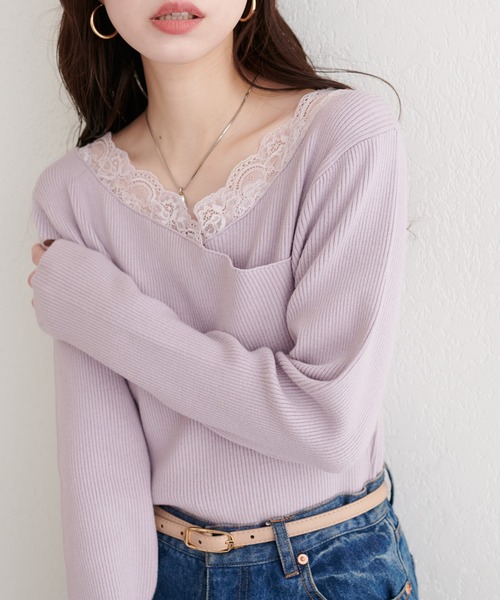 natural couture（ナチュラルクチュール）の「アシメレースネックリブニットプルオーバー（ニット/セーター・レディース・ボルドー/グレー/オフホワイト/ブラック/ネイビー/グレイッシュベージュ・FREE）」の5枚目の写真