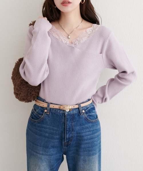 natural couture（ナチュラルクチュール）の「アシメレースネックリブニットプルオーバー（ニット/セーター・レディース・ボルドー/グレー/オフホワイト/ブラック/ネイビー/グレイッシュベージュ・FREE）」の20枚目の写真