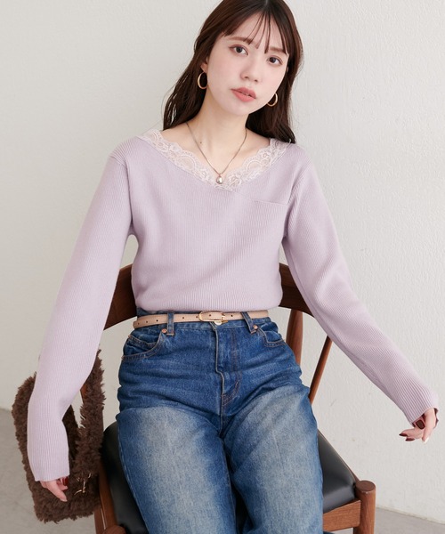 natural couture（ナチュラルクチュール）の「アシメレースネックリブニットプルオーバー（ニット/セーター・レディース・ボルドー/グレー/オフホワイト/ブラック/ネイビー/グレイッシュベージュ・FREE）」の22枚目の写真