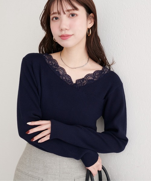 セール】アシメレースネックリブニットプルオーバー（ニット/セーター
