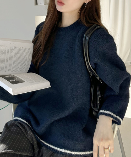 Ada.（エイダ）の「配色ライン クルーネック ふわもこ ニット（ニット/セーター・レディース・グレー/アイボリー/ネイビー/ブラウン・FREE）」の4枚目の写真