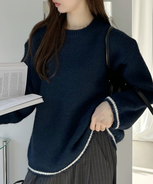 Ada.（エイダ）の「配色ライン クルーネック ふわもこ ニット（ニット/セーター・レディース・グレー/アイボリー/ネイビー/ブラウン・FREE）」の7枚目の写真