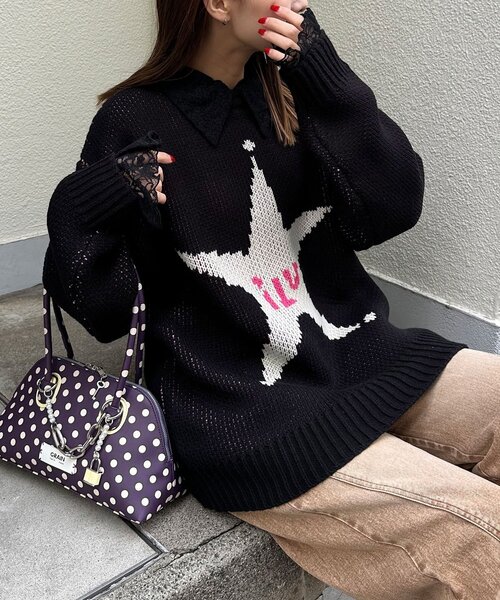 CIAOPANIC（チャオパニック）の「ローゲージジャガードアソートルーズニット（ニット/セーター・レディース・カーキ/ブラック/オフホワイト/ブルー/レッド/ピンク・FREE）」の15枚目の写真