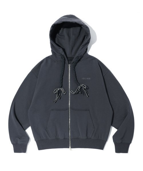 【YOUHEE】 RIBBON HOOD ZIP-UP チャコール RIBBON DETAIL HOOD ZIP-UP CHARCOAL（パーカー）｜YOUHEE（ユヒ）の